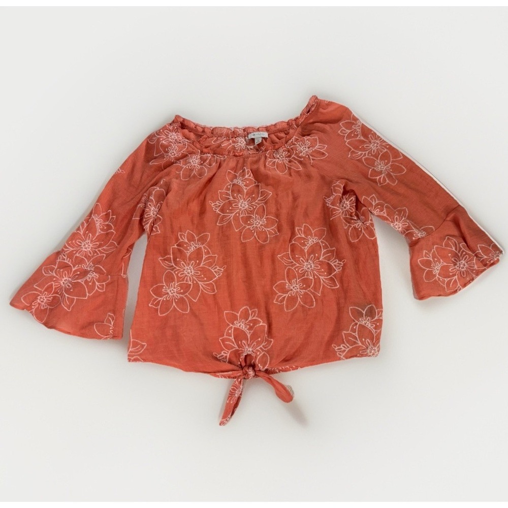 AB Studio XL Coral Floral Embroidered Peasant Top Boho‎ Chic